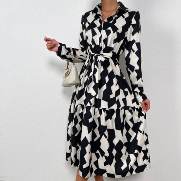 Black & white Geometric Pattern Belted Shirt Dress - Picture 7 of 9